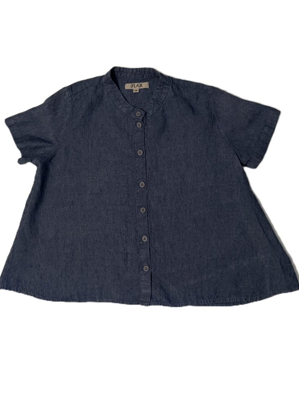 Flax 100% Linen Top Small (6-10) Blue Short Sleeve Button Front A Line Lagenlook